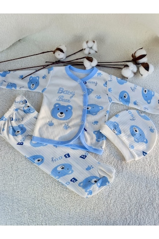 Erkek Bebek 3 Parça Raporlu İnterlok Hastane Çıkışı Zıbın Seti Beyaz - Mavi