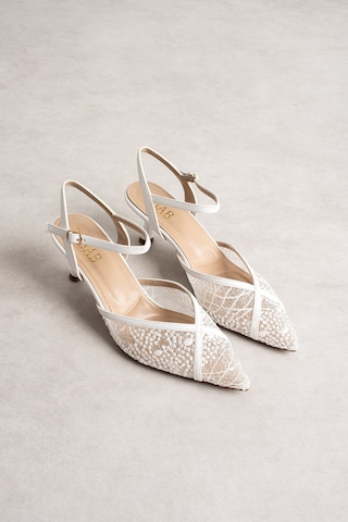 Dabab Shoes Laceva Kadın Beyaz Dantel Detaylı Sivri Burun 6 Cm Topuklu Slingback Ayakkabı