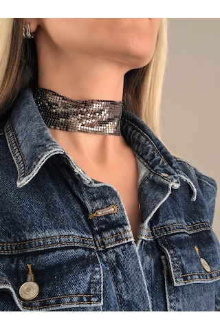 Arpa Pul Payet Zırh Metal Geniş Model Antrasit Choker Kolye Antrasit Çok Renkli