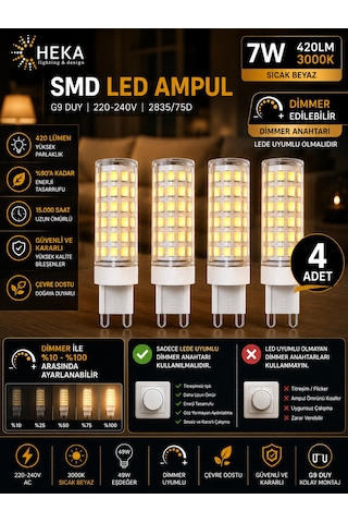 4 Adet Heka 7w Günışığı 3000k G9 Duylu Dim Edilebilir Led Kapsül Ampul