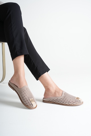 Analin Shoes Kadın Hakiki Deri Delikli Günlük Rahat Terlik Vizon