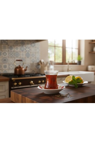 Tr Paşabahçe 6'li Çay Bardağı 130cc Ve Porland Porselen 6'li Çay Tabağı Set Kolye,küpe Hediyeli Genel