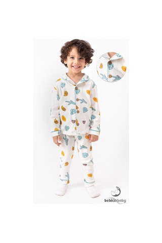 Kruvaze Yaka %100 Pamuk Önden Düğmeli Mevsimlik Ünisex Bebek Ve Çocuk Pijama Takımı 4bb2 Beyaz