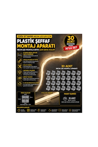 30 Adet Neon Led Tutucu Klips 1 Vidalı Duvar Aparatı,bağlantı Montaj Aparatı,kroşe,plastik Şeffaf Montaj Aparatı
