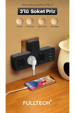 Ftr-12 Termal Akım Korumalı Isıya Dayanıklı 3 Lü Priz 3x Usb 1x Type-c Standart
