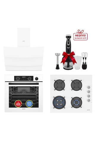 Simfer 0+10 Fonksiyon Steam Master 8245 Fırın + 3509 Ocak + 8707 Davlumbaz Beyaz 3'lü Ankastre Set