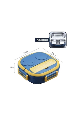 Yunboo 550ml Mavi Üç Bölmeli Çocuk Robot Figürlü 304 Paslanmaz Çelik Taşınabilir Yemek Kutusu Eldivenli Blue