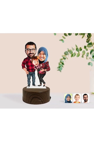 Kişiye Özel Tesettürlü Aile Karikatürlü Dekoratif 3D Biblo Led Iş (483006964)