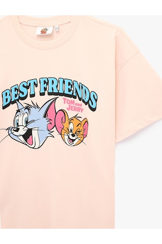 Koton Tom Ve Jerry Lisanslı Baskılı Rahat Kalıp Kısa Kollu Bisiklet Yaka Pamuklu Tişört Pembe 6sal10867ık Gül
