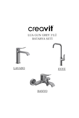 Creavit Lua Metalik Lavabo Banyo Eviye Bataryası 3'lü Set LU1500GR-LU2500GR-LU8500GR Gri
