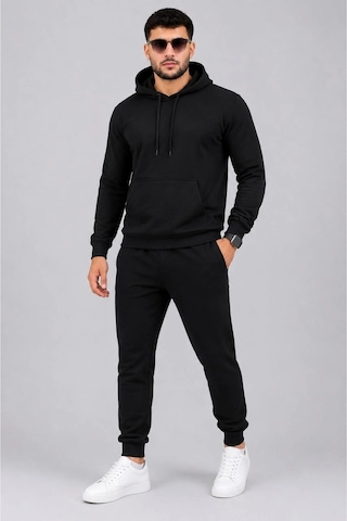 Abluka Online Erkek İki İplik Kapüşonlu Kanguru Cepli Sweatshirt Jogger Pantolon Alt Üst Eşofman Takımı -siyah