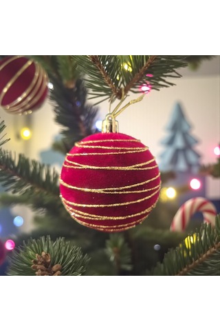 Yılbaşı Topu 10cm Kadife Bordo Altın Şeritli 3lü Ast7449 001