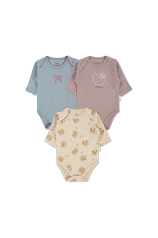 Civil Baby 3 Lü Ayıcık Empirmeli Uzun Kol 0-36 Ay Çıtçıtlı Badi - Bej Taş Rengi