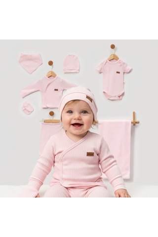 Milays 0-3 Ay Bebeklere %100 Pamuk Çıtçıtlı Body Li Havlulu 7 Parçalı Zıbın Takımı Açık Pembe