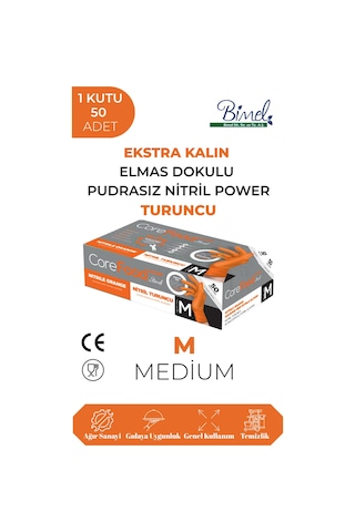 Nitril Turuncu Power Pudrasız Muayene Eldiveni M - 1 Paket 50 Li
