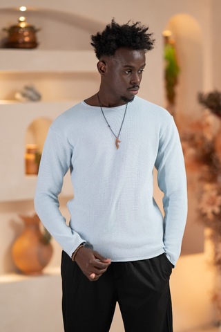 Regular Fit Likralı Kendinden Çizgili Mevsimlik Spor Kazak Mavi