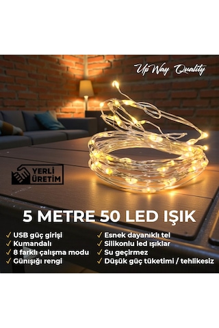 Upway 5 Metre Günışığı Kumandalı 50 Led Işık - Usb Dekoratif Aydınlatma Sarı