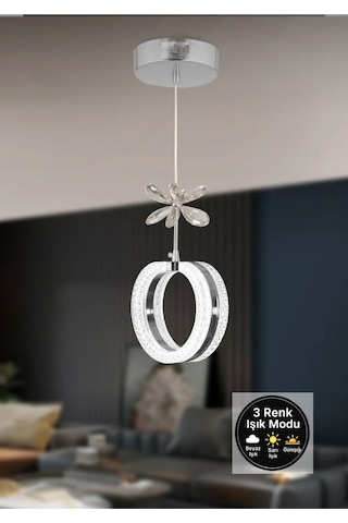 Aurea Model Gümüş 3 Renk Modu Ledli Kristal Taşlı Modern Salon Mutfak Oturma Odası Sarkıt Led Avize Gümüş