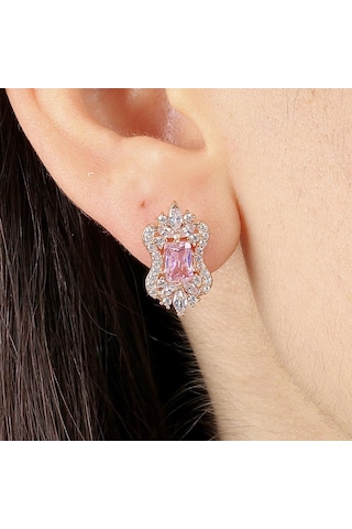 Pink Taşlı Işıltı Klasiği Rose Renk Vintage Gümüş Küpe