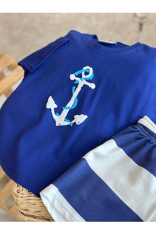 Erkek Çocuk Pamuklu Kumaş Çapa Baskılı Pamuklu Tshirt Ve Çizgili Şort Alt Üst Takım Lacivert
