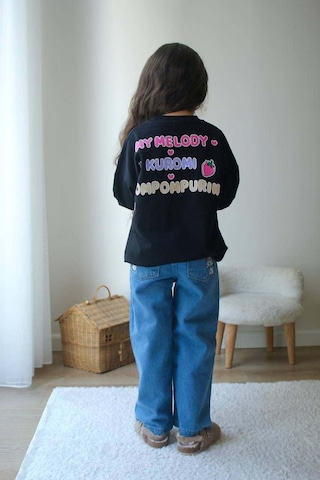 Kız Çocuk Kuromi Modelli Kot Pantolon Nakışlı 2li Takım Siyah