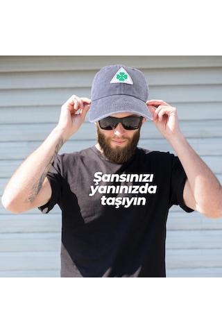 Perlotus Vintage Yıkamalı Pamuk Şapka Dört Yapraklı Yonca Nakışlı Gri Gri