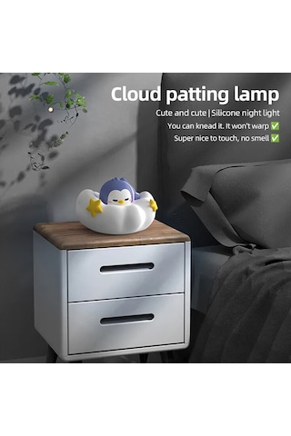 Aubyhe Qqfamily Bulut Şekilli Silikon Gece Lambası, Led Işık, Dokunmatik Kapatma, Mikro Usb Şarj, Yumuşak Aydınlatma, Peluş Berber Ve Penguen Figürleriyle Hediye, Beyaz-mor Çok Renkli