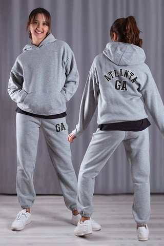 Surprise Tekstil Kadın Atlanta Baskılı 3ip Kapüşonlu Sweatshirt Alt Üst Eşofman Takımı Rsatk009 Gri