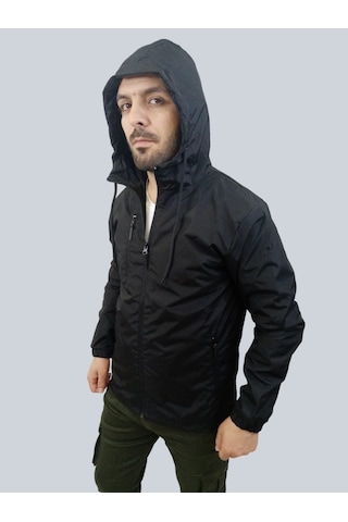 Erkek Kapüşonlu File Detaylı Siyah Yağmurluk Siyah