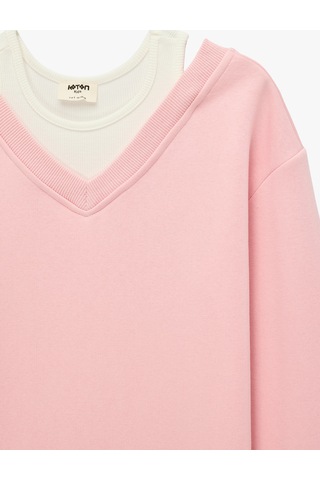 Koton Katmanlı V Yaka Uzun Kollu Pamuklu Şardonlu Sweatshirt Pembe 7wkg10051ak Gül