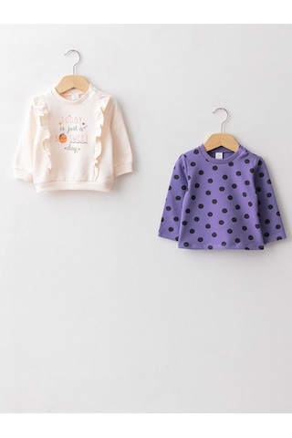 LC Waikiki Lcw Baby Ekru Bisiklet Yaka Uzun Kollu Pamuklu Kız Bebek Sweatshirt 2'li Cream