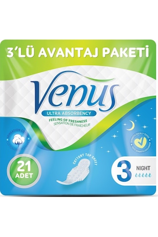 Venüs Hijyenik Ped Gece 21 Adet (3 Paket)