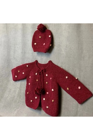 Uretti - Yıldız 7202 - El Örgüsü Bordo Hırka - Şapka İkili Bebek Takımı - 1/2 Yaş Bordo