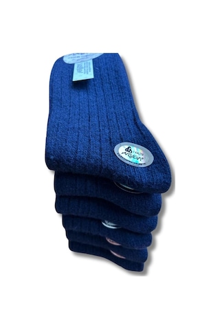 Erkek Saf Yün Kışlık Orta Kalınlıkta Dikişsiz 6 Çift Kendinden Çizgili Çorap Lacivert Gri