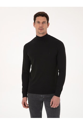 Cacharel Siyah Slim Fit Pamuk Karışımlı Yarım Balıkçı Yaka Basic Triko Kazak