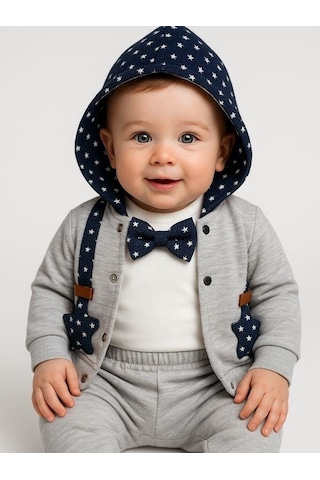 Erkek Bebek Papyonlu Hırkalı 3'lü Eşofman Takımı-16286 Gri