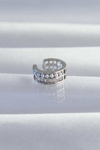 Pirinç Gümüş Renk İncili Baget Taşlı Earcuff Küpe Gold