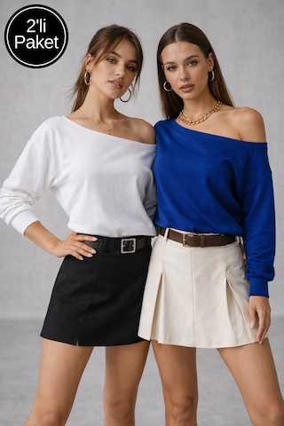 Rich Kadın 2'li Paket Saks Mavi - Beyaz Düşük Omuz Modal Bluz Saks Mavi-beyaz