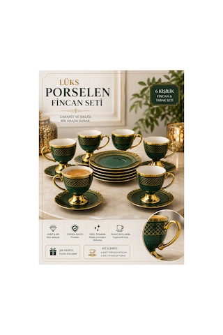 6 Kişilik Lüks Porselen Kahve Fincanı Seti Yeşil Gold Detaylı, 12 Parça Fincan & Tabak Takımı Yeşil