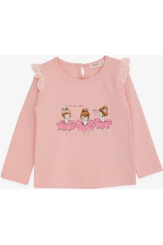 Breeze Kız Bebek Uzun Kollu Tişört Danscı Kız Baskılı Güpürlü 9 Ay-3 Yaş, Pudra-pudra Pudra