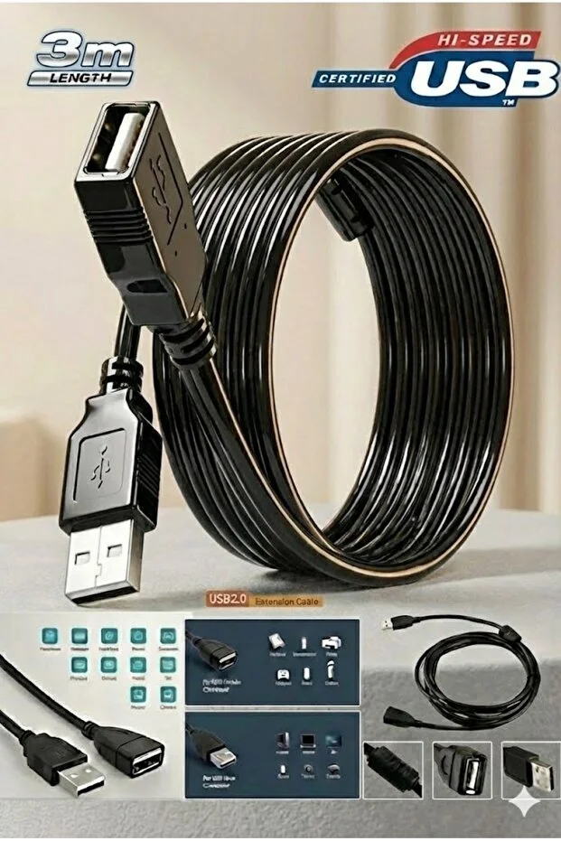 3 Metre 3mt Yüksek Hız Usb Uzatma Kablosu Uzatıcı Ara Kablosu Dişi Erkek Gerçek Usb 2.0 Kablo 3m