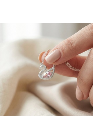 925 Ayar Gümüş Rodyum Kaplama Pembe Ve Beyaz Taşlı Kuğu Kolye Gümüş