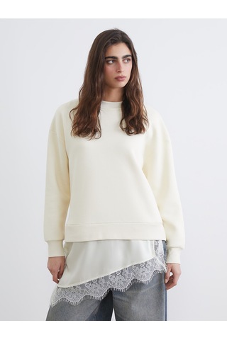 Lcw Vision Bej Dantel Detaylı Oversize Kadın Kalın Sweatshirt