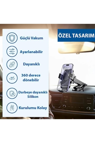 Polham Nano Vantuzlu Teleskopik Torpido Üstü Telefon Tutucu, V Tipi Düşmez Sarsılmaz Telefon Tutucu