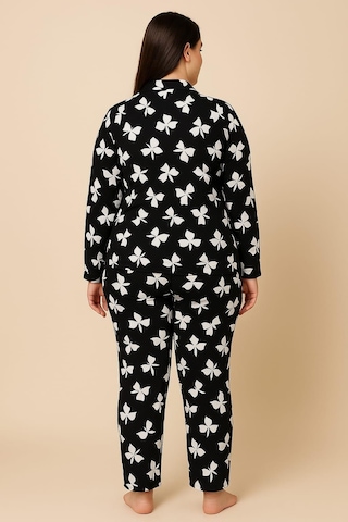 Kadın 20703 Büyük Beden Düğmeli Pijama Takımı Siyah Siyah