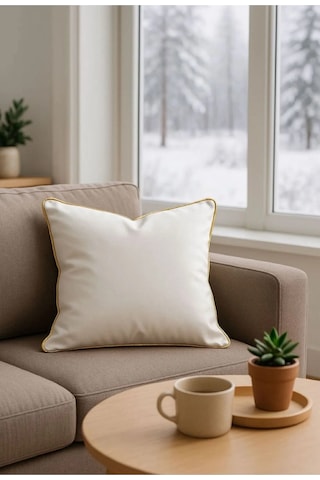 Dekoratif Kırlent Kılıfı - Krem Sarı Biyeli Duck Kumaş - Düz Renk - 45 X 45 Beyaz