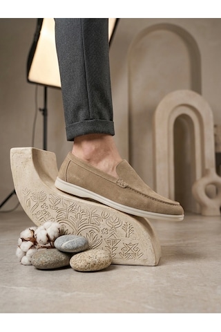 DMR Elegance Ba0252 %100 İçi Dışı Hakiki Deri Erkek Krem Süet Casual Loafer Termo Taban Ayakkabı Rekli