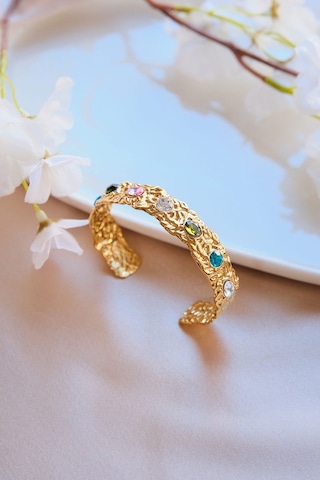 Gold Vintage Renkli Zirkon Taşlı Çelik Kelepçe Bileklik Gold