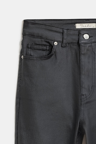 Sââde Kadın Mumlu Waxed Yüksek Bel Düz Kesim Likralı Jean Pantolon - Paça Detaylı Siyah