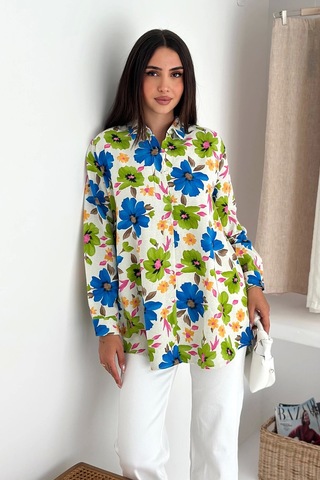 Çiçek Desenli Keten Gömlek DESENLI